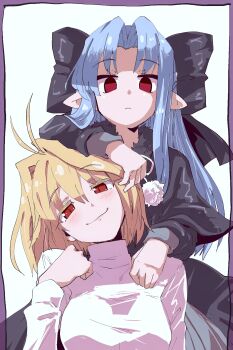 2girls absurdres ahoge arcueid_brunestud black_bow black_capelet black_dress blonde_hair blue_hair blush bow breasts capelet dress ga-006 hair_between_eyes hair_bow hair_intakes hand_on_another&#039;s_head hand_on_another&#039;s_shoulder highres kagetsu_tooya len_(tsukihime) long_hair looking_at_viewer melty_blood multiple_girls pom_pom_(clothes) red_eyes ribbon short_hair smile sweater tsukihime turtleneck turtleneck_sweater white_sweater