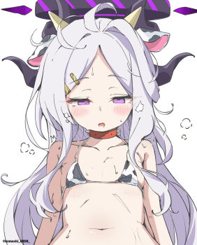 absurdres animal_ears animal_print bikini blue_archive blush breasts collar cow_ears cow_horns cow_print cow_print_bikini half-closed_eyes halo highres hina_(blue_archive) horns komachi_0808 loli long_hair pink_eyes print_bikini simple_background small_breasts spiked_collar spikes sweat swimsuit white_background white_hair