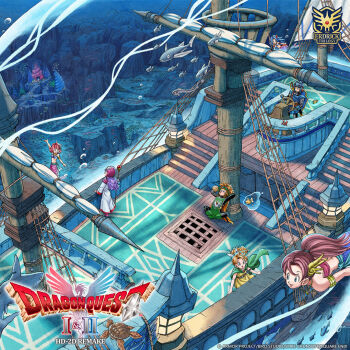 2boys 5girls :d air_bubble aviator_cap black_bodysuit blonde_hair blue_eyes blue_hat blue_tunic bodysuit boots bow brother_and_sister bubble cape commentary copyright_logo copyright_name cousins curly_hair dragon_quest dragon_quest_ii drinking english_commentary fenyon fish floating_hair goggles goggles_on_headwear goldfish green_boots green_cape green_tabard hat logo long_hair mermaid monster_girl multiple_boys multiple_girls official_art open_mouth orange_hair pink_hood prince_of_lorasia prince_of_samantoria princess_of_moonbrook princess_of_samantoria profile promotional_art purple_hair red_hair robe roto&#039;s_emblem sea_turtle shield shield_on_back ship siblings sitting smile spiked_hair sword sword_on_back tabard tunic turtle underwater watercraft weapon weapon_on_back white_bow white_robe yellow_tunic