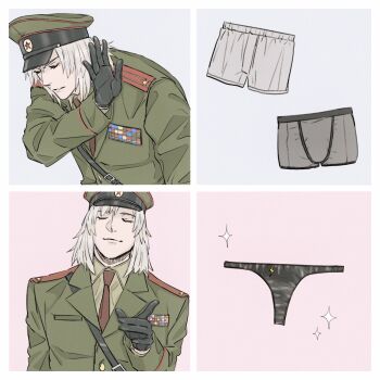 Rule 34 | 1boy, an chovy, belt, black belt, black gloves, black panties, border, buttons, closed eyes, closed mouth, collared shirt, commentary request, drakeposting (meme), gloves, green hat, green jacket, green shirt, grey background, grey hair, grey male underwear, hand up, hat, hat ornament, highres, ivan raidenovitch raikov, jacket, lapels, leather, leather gloves, long sleeves, male focus, male underwear, meme, metal gear (series), metal gear solid 3: snake eater, military hat, military jacket, military uniform, multiple views, necktie, panties, peaked cap, pink background, red necktie, shirt, short hair, simple background, smile, soviet army, sparkle, star (symbol), star hat ornament, teeth, underwear, v-shaped eyebrows, white border, white male underwear