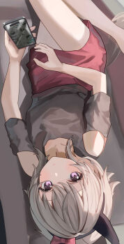 Rule 34 | 1girl, animal ears, bare shoulders, black hairband, black shirt, blush, bow, breasts, cellphone, closed mouth, commentary request, couch, curren chan (umamusume), ear bow, ear covers, grey hair, guree (haiiro), hair between eyes, hairband, highres, holding, holding phone, horse ears, horse girl, looking at viewer, lying, on back, on couch, phone, purple eyes, red bow, red skirt, shirt, short hair, skirt, smartphone, solo, tail, umamusume