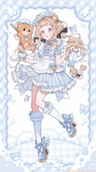 1girl :o ahoge apron blonde_hair blue_dress blue_eyes blue_shoes blunt_bangs blush commentary_request cup dot_nose dress frilled_apron frilled_dress frills full_body hair_intakes high_heels highres holding holding_cup holding_teapot kneehighs long_hair open_mouth original shoes short_sleeves socks solo standing standing_on_one_leg striped_clothes striped_dress teacup teapot uekura_eku vertical-striped_clothes vertical-striped_dress white_apron white_background white_socks