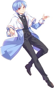 1boy artist_request black_cross_tie black_vest blue_coat blue_sleeves buttons capelet coat collared_shirt cross_tie curtained_hair dress_pants dress_shoes full_body grin lanziee_rozen_kranz lapels leg_up looking_at_viewer male_focus nexon notched_lapels official_art open_clothes open_coat open_hands parted_bangs red_eyes red_pupils second-party_source shirt short_hair simple_background sleeve_cuffs smile solo tales_weaver teeth transparent_background undershirt vest white_capelet white_shirt wing_collar