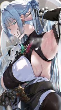 1girl arm_up armpits bare_shoulders bead_bracelet beads bracelet breasts butterfly_hair_ornament colored_eyelashes commentary_request earrings goddess_of_victory:_nikke grey_eyes hair_intakes hair_ornament highres jewelry large_breasts long_hair mechanical_arms mechanical_hands nayuta_(nikke) nonohachi obi sash sideboob single_mechanical_arm single_mechanical_hand solo split-color_clothes sweat thick_eyelashes unusually_open_eyes very_long_hair very_sweaty white_eyelashes white_hair