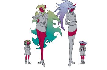 2girls blue_hair breasts colored_skin commentary_request demon_girl demon_horns green_hair guru.zong highres horns kneesocks_(psg) large_breasts long_hair looking_at_another medium_breasts multiple_girls panty_&amp;_stocking_with_garterbelt red_skin scanty_(psg) school_uniform