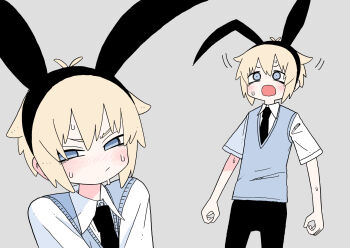 Rule 34 | abe tomomi, animal ear hairband, animal ears, black necktie, black pants, blonde hair, blue eyes, blush, collared shirt, fake animal ears, grey background, hairband, highres, necktie, open mouth, original, pants, rabbit ear hairband, rabbit ears, shirt, short hair, short sleeves, simple background, sweat, sweatdrop, vest