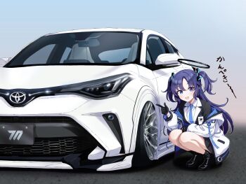 1girl :d black_gloves black_halo black_shoes black_skirt black_suit blue_archive blue_eyes blue_necktie blush car collared_shirt commentary_request formal_clothes full_body gesupi_(provlemsolver57) gloves hair_intakes hair_ornament halo hand_up happy highres index_finger_raised jacket long_hair looking_at_viewer mechanical_halo miniskirt motor_vehicle necktie open_clothes open_jacket open_mouth purple_hair red_pupils school_uniform shirt shoes simple_background skirt smile solo squatting suit toyota translated triangle_hair_ornament two_side_up vehicle_focus vehicle_request very_long_hair white_car white_jacket white_shirt yuuka_(blue_archive)