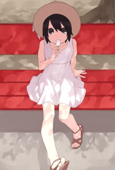 1boy anzyupai arm_support black_eyes black_hair bow brown_hat brown_sandals bulge collarbone commentary_request dappled_sunlight day dress food food_in_mouth from_above full_body hair_between_eyes hand_up hat hat_bow holding holding_food holding_popsicle knees leg_up looking_at_viewer male_focus on_bench original outdoors popsicle popsicle_in_mouth sandals sidelocks sitting solo straight-on summer sunlight trap tree white_bow white_dress