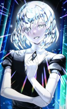 Rule 34 | 1other, arm across chest, black necktie, black shirt, commentary request, diamond (houseki no kuni), elbow gloves, gem uniform (houseki no kuni), ghg780850545501, gloves, hand on own chest, highres, houseki no kuni, medium hair, necktie, rainbow refraction, refraction, shiny skin, shirt, solo, white eyes, white gloves