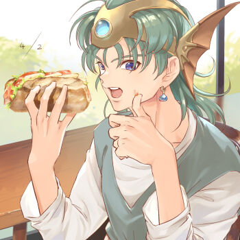 1boy blue_eyes blue_gemstone dated dragon_quest dragon_quest_iv earrings eating food food_on_face forehead_protector gem green_hair grey_tunic hair_between_eyes hero_(dq4) highres holding holding_food jewelry makuramuika male_focus medium_hair open_mouth shirt single_earring slime_(dragon_quest) solo tunic upper_body white_shirt winged_headwear wiping_face