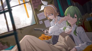 2girls blanket blonde_hair blue_eyes bow calendar_(object) commentary dutch_angle expressionless green_eyes green_hair gumi gun hair_bow hairband handgun highres holding holding_gun holding_weapon indoors kagamine_rin looking_at_viewer md5_mismatch multiple_girls open_clothes open_shirt revision rubbing_eyes ruins shirt short_hair sidelocks sig_sauer sig_sauer_p320 under_covers vocaloid waking_up weapon white_hair white_shirt wounds404