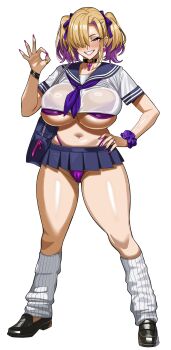 1girl bikini blonde_hair breasts choker commentary female_pubic_hair gyaru hair_over_one_eye highleg highleg_panties highres large_breasts light_smile loose_socks microskirt miniskirt mismatched_pubic_hair multicolored_hair nail_polish navel_piercing neige_(pixiv6850453) ok_sign one_eye_covered oral_invitation original panties piercing pubic_hair pubic_hair_peek purple_bikini school_uniform scrunchie see-through_clothes skirt socks swimsuit transparent_background twintails two-tone_hair underboob underwear wide_hips