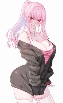 1girl artist_name black_sweater blush breasts cleavage closed_mouth clothes_tug collarbone commentary english_commentary high_ponytail highres hololive hololive_english jewelry kamiya_maneki large_breasts long_hair long_sleeves looking_at_viewer mori_calliope necklace off-shoulder_sweater off_shoulder pink_eyes pink_hair pink_tank_top ponytail signature simple_background skull_necklace sleeves_past_wrists solo strap_slip sweater sweater_tug tank_top thighhighs thighs tongue tongue_out twitter_username virtual_youtuber white_background white_thighhighs