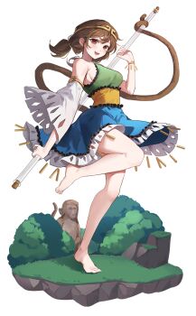 1girl :d barefoot blue_dress breasts brown_hair circlet detached_sleeves dress faux_figurine full_body green_dress holding holding_polearm holding_weapon holding_with_tail long_sleeves medium_breasts medium_hair monkey monkey_tail open_mouth polearm ponytail prehensile_tail red_eyes sarukana second-party_source sideboob simple_background single_bare_shoulder smile solo son_biten tail test_tube touhou transparent_background weapon white_sleeves wide_sleeves yellow_dress