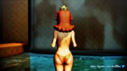 1girl 3d absurdres animated ass backboob bikini blue_eyes breasts brown_hair close-up covering_breasts covering_privates from_behind highres large_breasts legs looking_at_viewer mario_(series) multiple_views naughty_face navel nintendo open_mouth princess_daisy short_hair smile super_mario_land sweat swimsuit tagme teasing thighs topless_female turnaround video virtuablueam2 water