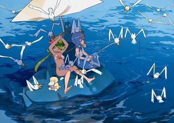 2girls baggy_pants barefoot bikini blue_hair capri_pants commentary_request eating fishing fishing_rod flower food_in_mouth gen_1_pokemon gen_3_pokemon gen_7_pokemon green_eyes green_hair hair_flower hair_ornament hairband highres lana_(pokemon) long_hair malasada mallow_(pokemon) multiple_girls nintendo on_head one_eye_closed open_mouth pants poke_bean pokemon pokemon_(creature) pokemon_on_head pokemon_sm psyduck shinjiro short_hair sitting swimsuit umbrella water wingull wishiwashi wishiwashi_(school)