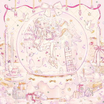 1girl angel artist_name bell book bow box cake candle charm_(object) christmas christmas_tree commentary_request cup food gift gift_box gingerbread_house hair_bow half_updo icing in_snow_globe jacket ladder long_hair long_sleeves original pale_skin parted_bangs puffy_long_sleeves puffy_sleeves red_ribbon ribbon ryokuno_green saucer shoes sitting skirt snow snow_globe socks sparkle star_(symbol) teacup tree watermark white_bow white_jacket white_shoes white_skirt white_socks