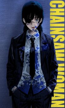 black_necktie blood blood_on_clothes blue_background blue_blood blue_eyes chainsaw_man commentary_request copyright_name eyepatch formal_clothes hands_in_pockets highres isuke_(isuke_now) jacket low_twintails mitaka_asa necktie open_clothes open_jacket shirt suit tongue tongue_out twintails white_shirt