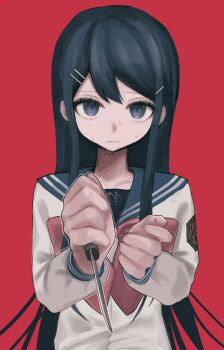 Rule 34 | 1girl, blue eyes, blue hair, blue sailor collar, bow, bowtie, closed mouth, collarbone, commentary, danganronpa: trigger happy havoc, danganronpa (series), hair ornament, hairclip, hands up, highres, holding, holding knife, kakuzatou (sugar xouox), knife, long hair, long sleeves, looking at viewer, maizono sayaka, nervous, nervous sweating, parallel hairclips, red background, red bow, red bowtie, sailor collar, sailor shirt, school uniform, shirt, simple background, solo, straight hair, sweat, upper body, very long hair