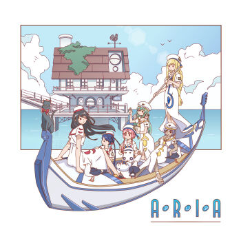 6+girls aika_granzchesta akira_ferrari alice_carroll alicia_florence aria_(manga) aria_company_uniform aria_pokoteng athena_glory beret bird black_cat black_hair blonde_hair blue_bow blue_bowtie blue_hair blue_ribbon blush_stickers bow bowtie braid braided_ponytail cat closed_mouth cloud cloudy_sky commentary copyright_name crossed_legs day dress empty_eyes floating_hair gold_trim gondola green_hair hair_ornament hat hat_ribbon highres hime_granzchesta himeya_company_uniform holding holding_oar lai_wenhan leaning_back logo long_hair medium_hair mizunashi_akari multiple_girls necktie oar ocean orange_planet_uniform outdoors parted_bangs pink_hair president_maa purple_hair red_bow red_bowtie red_hat ribbon sailor_collar sandals seagull short_hair_with_long_locks short_sleeves side_slit sidelocks sitting sky standing toes twin_braids white_cat white_dress white_hat yellow_necktie