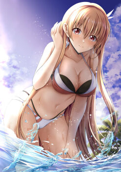 Rule 34 | 1girl, alisa reinford, bikini, blonde hair, breasts, cleavage, earrings, eiyuu densetsu, feather hair ornament, feathers, hair ornament, highres, jewelry, kagura yuuto, layered bikini, long hair, looking at viewer, one side up, red eyes, sen no kiseki, sen no kiseki (series), sen no kiseki iv, smile, solo, swimsuit