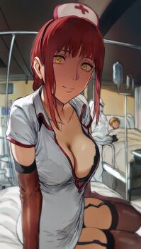 1girl absurdres bed bra bra_peek breasts chainsaw_man cleavage collarbone commentary denji_(chainsaw_man) elbow_gloves garter_straps gloves hat hews highres infirmary large_breasts looking_at_viewer makima_(chainsaw_man) nurse nurse_cap on_bed red_hair ringed_eyes sitting solo thighhighs underwear yellow_eyes