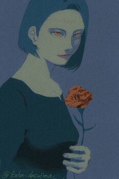 1girl black_hair breasts flower highres holding holding_flower itadori_kaori jujutsu_kaisen kenjaku koha_dasuima medium_breasts orange_eyes pale_skin rose short_hair signature simple_background solo stitched_forehead