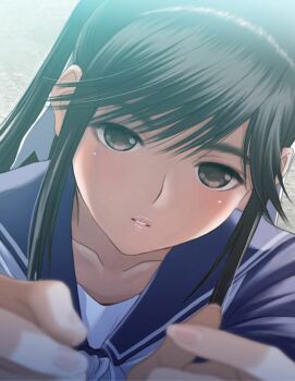 Rule 34 | 1girl, backlighting, black hair, blue sailor collar, blurry, blurry foreground, blush, bokeh, bow, brown eyes, brown hair, collarbone, commentary request, depth of field, hair bow, hands up, highres, long hair, love plus, official art, outdoors, parted lips, pink lips, pink nails, ponytail, ribbon, sailor collar, school uniform, serafuku, sidelocks, solo, summer uniform, takane manaka, upper body