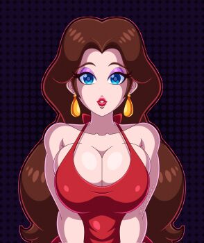 1girl artist_name bare_shoulders blue_eyes breasts brown_hair cleavage donkey_kong_(1981_game) donkey_kong_(series) earrings eyeshadow jewelry lipstick long_hair looking_at_viewer makeup mario_(series) nintendo pauline_(nintendo) red_skirt rockmangrave shiny_skin skirt smile upper_body