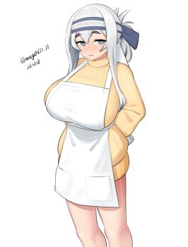 1girl absurdres ainu_clothes apron arms_behind_back blue_headband breasts commentary_request dated grey_eyes grey_hair hair_between_eyes headband highres kamoi_(kancolle) kamoi_kai_bo_(kancolle) kantai_collection large_breasts long_hair maru_(marg0613) one-hour_drawing_challenge simple_background solo sweater thick_eyebrows white_apron white_background white_hair yellow_sweater