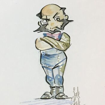 Rule 34 | 1boy, artist name, bald, beard, black hair, boots, chibi, cigarette, cowboy bebop, crossed arms, facial hair, grey eyes, jet black, peach momoko, prosthesis, prosthetic arm, scar, scar across eye, scar on face, signature, simple background, smoking, solo, standing, traditional media