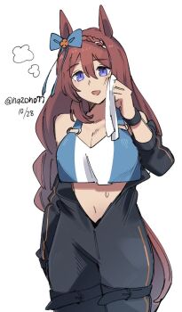 1girl animal_ears blue_eyes blush bow braid braided_ponytail breasts brown_hair ear_bow ear_ornament ear_ribbon hair_between_eyes highres horse_ears horse_girl horse_tail large_breasts long_hair low-tied_long_hair multicolored_hair nazono77 open_mouth smile solo streaked_hair super_creek_(umamusume) tail umamusume umamusume:_cinderella_gray very_long_hair white_hair