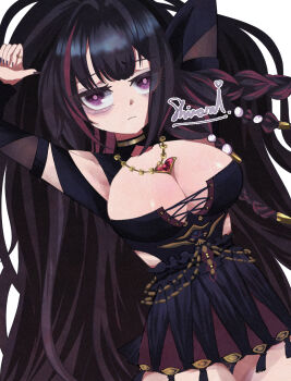 1girl azur_lane bags_under_eyes black_hair braid breasts cleavage closed_mouth highres jewelry large_breasts long_hair looking_at_viewer multicolored_hair necklace purple_eyes purple_nails purple_streaks queen_anne&#039;s_revenge_(azur_lane) ring shiranuinuiko signature simple_background solo streaked_hair white_background