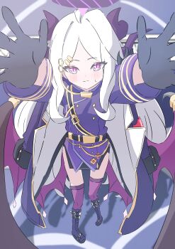 1girl absurdres ahoge black_coat black_gloves black_halo black_skirt black_thighhighs blue_archive blush breasts coat coat_on_shoulders demon_girl demon_horns demon_wings gloves halo highres hina_(blue_archive) horns hse long_hair looking_at_viewer low_wings purple_eyes skirt small_breasts solo standing thighhighs thighs very_long_hair white_hair wings