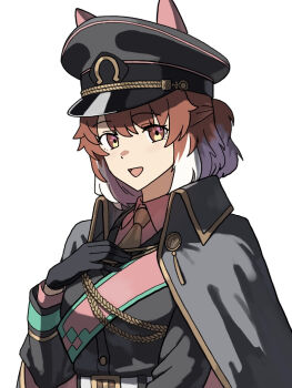 1girl aiguillette animal_ears black_cape black_gloves black_jacket breasts brown_eyes brown_hair cape commentary dantsu_flame_(umamusume) ear_covers ears_through_headwear english_commentary gloves hat horse_ears horse_girl jacket looking_at_viewer military_uniform multicolored_hair okimoto open_mouth peaked_cap pink_sash sash simple_background smile solo umamusume upper_body white_background white_hair