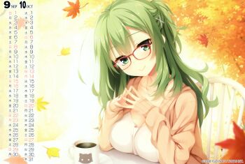 1girl animal_print breasts calendar_(medium) cat_print chair cleavage closed_mouth coffee coffee_mug collarbone company_name copyright_notice cup elbow_rest falling_leaves glasses green_eyes green_hair hair_ornament head_tilt highres jewelry large_breasts leaf long_hair looking_at_viewer maple_leaf maple_tree mug muririn necklace official_art on_chair one_side_up orange_sweater riddle_joker shikibe_mayu shirt sitting sleeves_past_wrists smile solo steepled_fingers straight_hair sweater table tree upper_body white_shirt x_hair_ornament