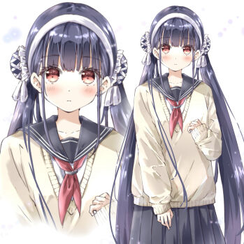 Rule 34 | 1girl, absurdres, alternate costume, ayaro (genkiloobaii), black hair, black sailor collar, blunt bangs, blush, clenched hand, closed mouth, commentary, cowboy shot, double bun, eyelashes, eyes visible through hair, hair bun, hair ribbon, hairband, hand up, heaven burns red, highres, light frown, long hair, looking at viewer, low twintails, neckerchief, red neckerchief, ribbon, sailor collar, satsuki mari, school uniform, serafuku, sidelocks, simple background, sleeves past wrists, solo, straight hair, sweater, twintails, very long hair, white background, white hairband, white ribbon, yellow sweater, zoom layer