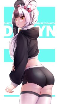 1girl absurdres alternate_costume artist_name ass black_hair black_jacket black_shorts blue_background braid braided_twintails character_name commentary cowboy_shot cropped_jacket dialyn_(zenless_zone_zero) dolphin_shorts english_commentary from_behind hair_extensions hair_ornament highres hood jacket long_hair looking_at_viewer looking_back multicolored_hair open_mouth panda_hair_ornament puffy_sleeves ring_hair_extensions shorts sleepycake solo split-color_hair thighhighs two-tone_background white_background white_hair white_thighhighs yellow_eyes zenless_zone_zero