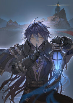 1boy beach black_jacket black_pants black_vest blue_fire blue_hair chinese_commentary commentary_request cowboy_shot dahuang finger_to_mouth fire flins_(genshin_impact) genshin_impact hair_between_eyes highres holding holding_lantern jacket jacket_on_shoulders lantern lighthouse long_hair looking_at_viewer male_focus ocean outdoors pants solo vest yellow_eyes