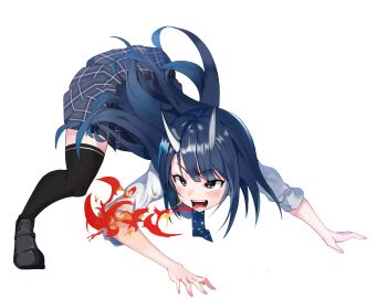 1girl absurdres agm all_fours aoki_ruri bent_over black_shoes black_thighhighs blue_eyes blue_hair blue_necktie blue_skirt breath_weapon breathing_fire dragon_girl dragon_horns fangs fire full_body highres horns loafers long_hair necktie open_mouth plaid_clothes plaid_skirt pleated_skirt ruridragon school_uniform shirt shoes short_sleeves simple_background skirt slit_pupils solo thighhighs v-shaped_eyebrows white_background white_shirt