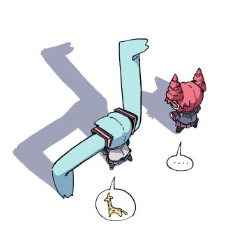 2girls absurdly_long_hair cat_shadow_puppet_(meme) chibi chibi_only commentary detached_sleeves drill_hair full_body giraffe hair_ornament hashtag-only_commentary hatsune_miku highres kasane_teto kasane_teto_(utau) long_hair meme multiple_girls mumu323m outstretched_arms pink_eyes pink_hair pleated_skirt shadow shirt skirt sleeveless sleeveless_shirt spoken_animal twin_drills utau very_long_hair vocaloid