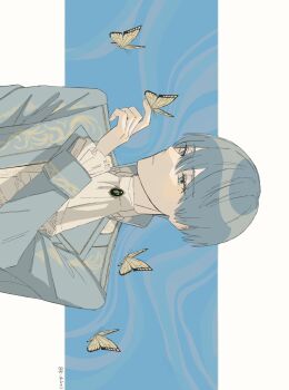 Rule 34 | 1boy, ascot, bai mei, blue background, blue eyes, blue hair, blue jacket, border, bug, butterfly, butterfly on hand, commentary, frilled sleeves, frills, hair between eyes, highres, himmel (sousou no frieren), insect, jacket, male focus, mole, mole under eye, official alternate costume, parted lips, shirt, short hair, solo, sousou no frieren, symbol-only commentary, twitter username, upper body, white ascot, white border, white shirt, yellow butterfly