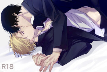 2boys black_hair blonde_hair chainsaw_man clothes_lift commentary_request denji_(chainsaw_man) ear_piercing eye_contact fingernails french_kiss gakuran highres jacket kiss looking_at_another lying male_focus multiple_boys multiple_piercings on_back open_clothes open_jacket piercing school_uniform shirt shirt_lift short_hair siraco_(sira5_3) upper_body white_shirt yaoi yoshida_hirofumi