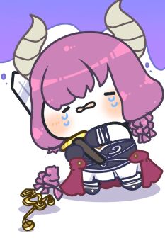 Rule 34 | absurdres, aura (sousou no frieren), black gloves, braid, chibi, demon girl, demon horns, full body, gloves, highres, horns, multicolored background, myeoncheche, purple background, purple hair, scales, shirt, simple background, skirt, sousou no frieren, sword, tears, twin braids, weapon, white background, white shirt, white skirt