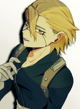 0a_9_(pixiv82791714) 1boy blonde_hair bodysuit collarbone cracked_skin dr._stone gloves hair_between_eyes looking_at_viewer male_focus parted_lips purple_lips short_hair solo stanley_snyder_(dr.stone) unzipping upper_body white_background white_gloves yellow_eyes zipper