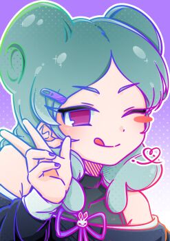 1girl ;p aqua_hair bare_shoulders beta_(inazuma_eleven) blush_stickers bow closed_mouth double_bun grey_shirt hair_bun hair_ornament hairclip hand_up hashtag-only_commentary heart highres inazuma_eleven_(series) inazuma_eleven_go inazuma_eleven_go_chrono_stone jiang_qi0315 long_hair no_pupils off-shoulder_sweater off_shoulder one_eye_closed purple_background purple_bow purple_eyes purple_nails shirt single_blush_sticker sleeveless sleeveless_shirt smile split_mouth sweater tongue tongue_out v