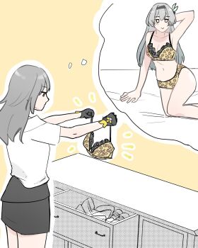 2girls absurdres arm_up armpits black_gloves black_hairband black_skirt blue_ribbon blush bra breasts chest_of_drawers closed_mouth collarbone commentary cowboy_shot english_commentary feet_out_of_frame firefly_(honkai:_star_rail) floral_print from_behind gloves grey_hair hair_between_eyes hair_ornament hair_ribbon hairband half-closed_eyes hands_up highres honkai:_star_rail honkai_(series) implied_yuri leaf_hair_ornament long_hair looking_at_object looking_at_viewer medium_breasts miniskirt multiple_girls notice_lines on_bed panties ribbon sex_toy shirt short_sleeves simple_background sitting skirt smile speech_bubble standing stelle_(honkai:_star_rail) t-shirt thought_bubble trailblazer_(honkai:_star_rail) trap_(trap_2023) underwear vibrator white_shirt yellow_background yellow_bra yellow_eyes yellow_panties