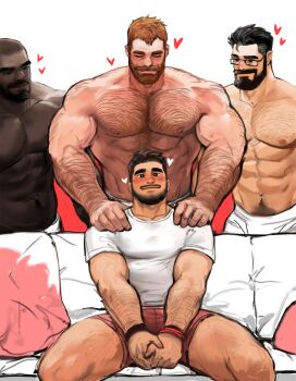 4boys abs absurdres bara beard black_eyes black_hair blush chest_hair closed_eyes commentary couch dark-skinned_male dark_skin dopey_(dopq) facial_hair hairy hands_on_another's_shoulders heart highres large_pectorals looking_at_viewer male_focus manly mature_male meme multiple_boys muscular muscular_male navel navel_hair nipples original pectorals pillow piper_perri_surrounded_(meme) red_hair revision scene_reference shirt shorts sitting size_difference smile symbol-only_commentary t-shirt topless_male towel towel_around_waist yaoi