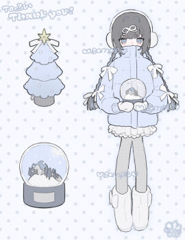 1girl am314 black_boots black_hair blue_coat blue_eyes boots bow braid christmas_tree coat commentary_request commission fur_boots grey_pantyhose hair_bow high_collar highres holding holding_snow_globe house long_hair mittens multiple_hair_bows original pantyhose polka_dot polka_dot_background sample_watermark simple_background skeb_commission skirt snow snow_globe solo twin_braids watermark white_background white_bow white_skirt winter_clothes winter_coat