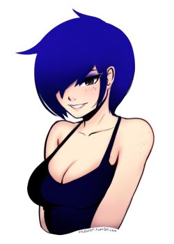 1girl black_eyes black_shirt blue_hair breasts cleavage ed_edd_n_eddy freckles gradient_hair hair_over_one_eye lips looking_at_viewer marie_kanker medium_breasts multicolored_hair one_eye_covered razalor shirt short_hair simple_background sleeveless sleeveless_shirt smile solo spaghetti_strap tumblr_username upper_body white_background